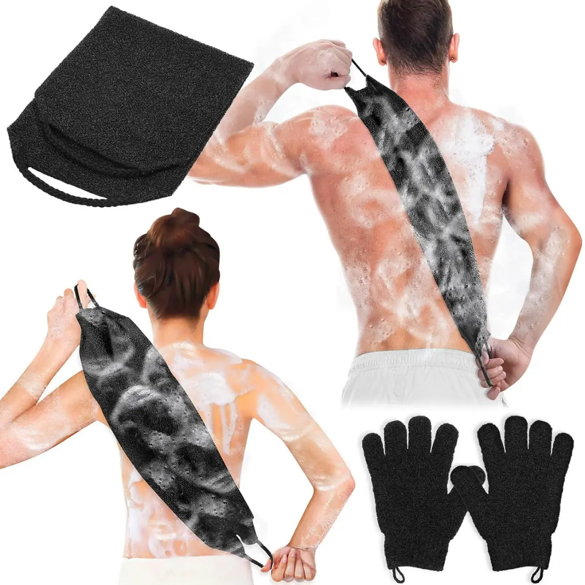 Exfoliating Back Scrubber & Shower Gloves Set, Nylon Body Scrub Bath Kit