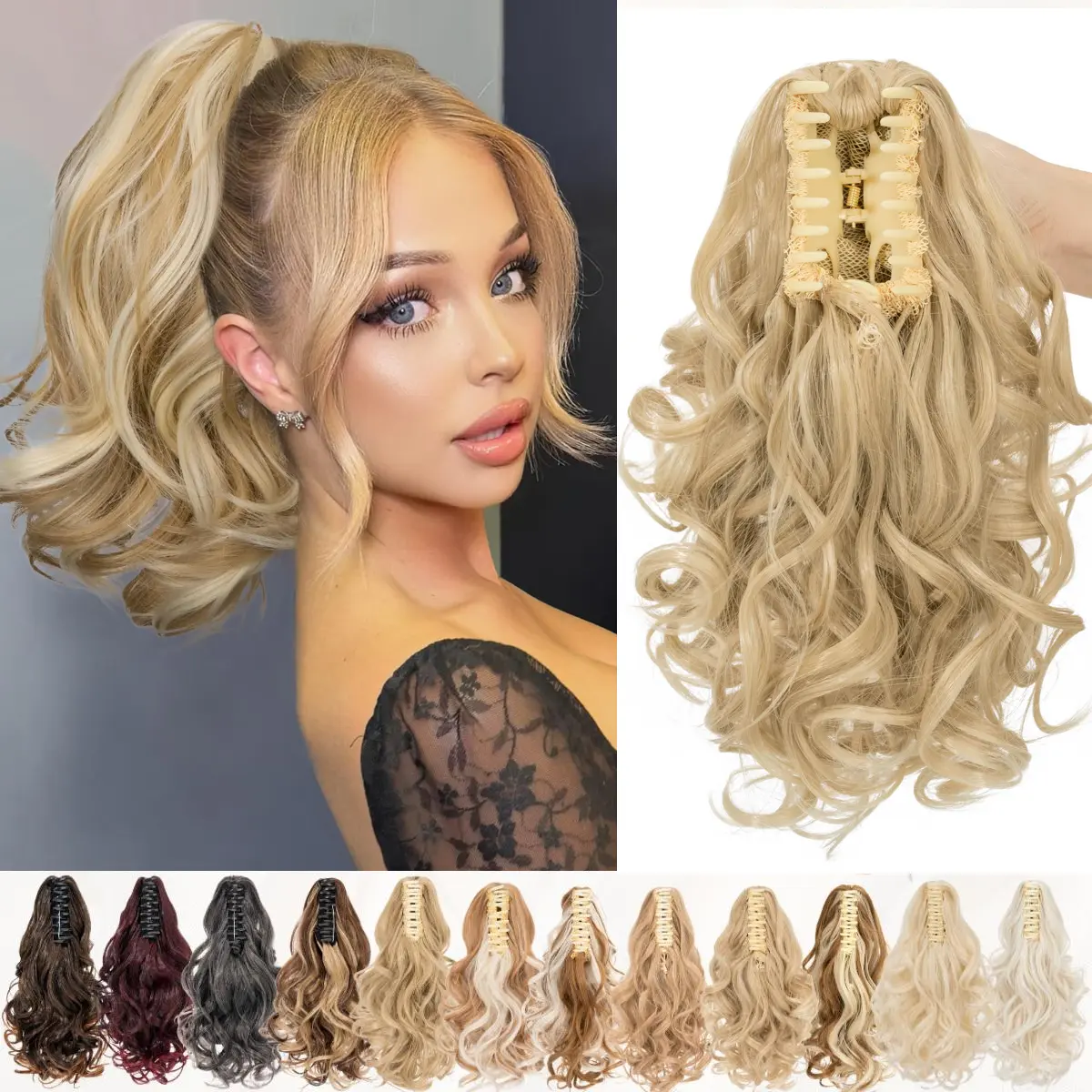 Ponytail Extension, Hair Extensions Ponytail Claw Clip in Wavy Fake Hair Curly Synthetic 14" Clip On Ponytail Daily Fluffy Pony Tail Hair Piece for Women