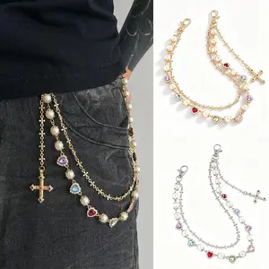 2pcs Silver Gold Cross Pants Chain for Men Trendy Pearl Jean Chains for Women Gold Biker Wallet Pocket Chain for Pants Colorful Heart Rhinestone Jean Chains Punk Hip Party Music Festival Accessories