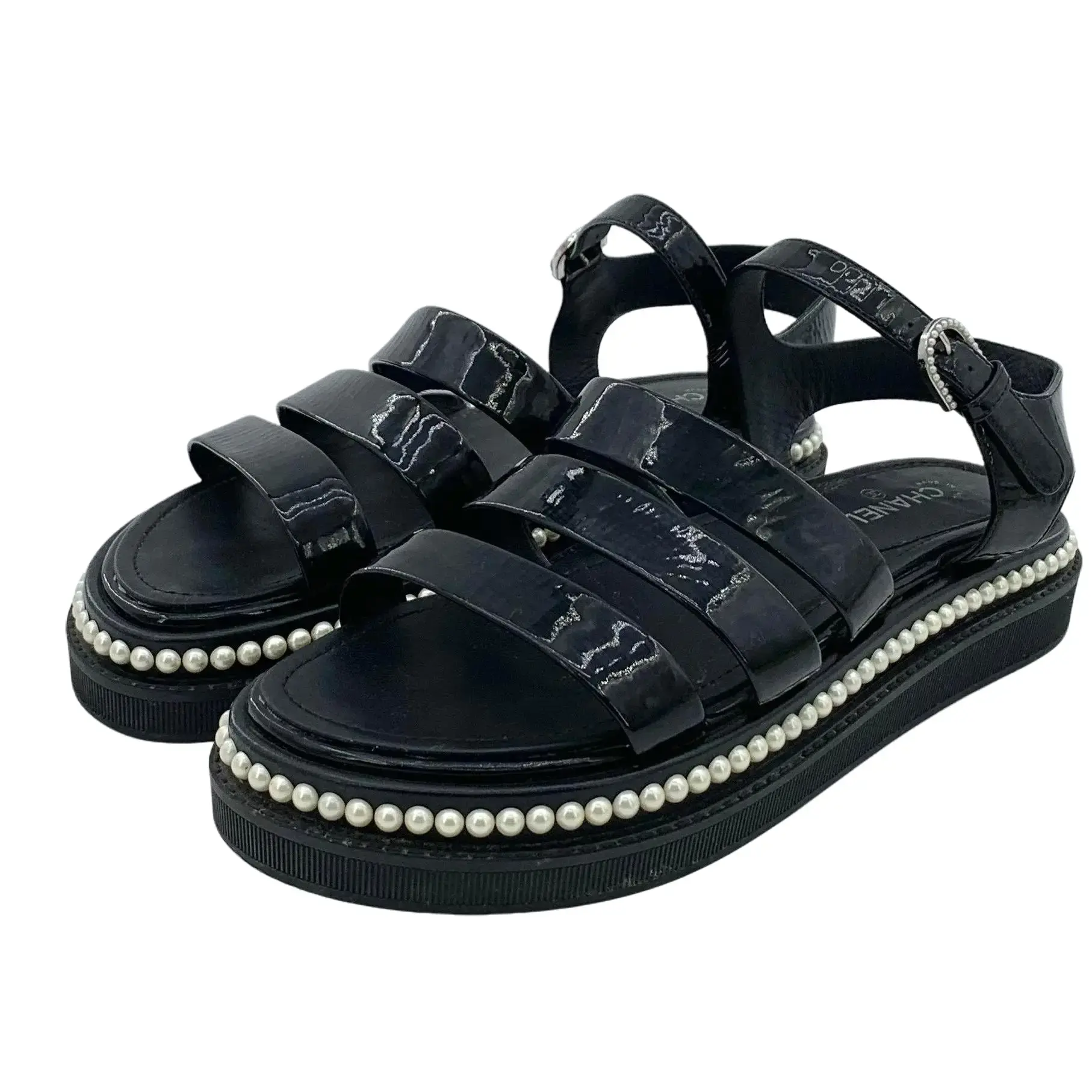 RDLT-Chanel Size 37 Black Pearl‑Trimmed Flat Sandals-J33799