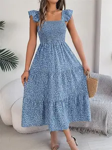 Summer Square Neck Backless Casual Ruffle Gathered Waist Sleeveless Floral Midi Strap Dress, Elegant Tiered Hem, Perfect for Daily Wear