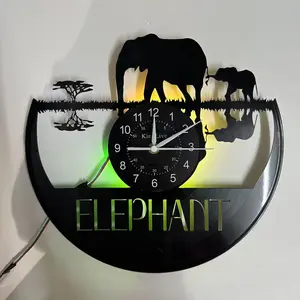 Elephant Vinyl Record Wall Clock with 7-Color LED Light, Silent Decorative Wall Clock for Home Decor Gift,Unique Birthday Housewarming Gift