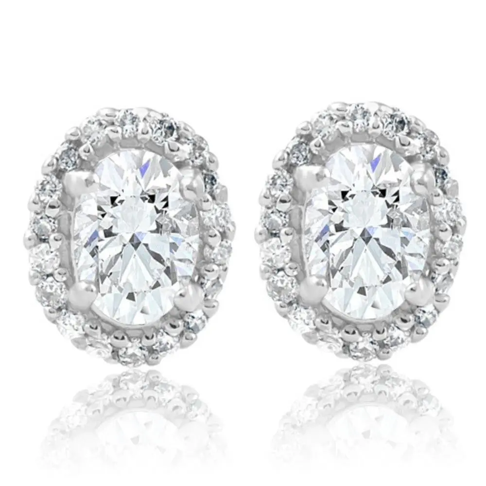 1/2Ct TW Oval Shape Halo Diamond Studs 10k White or Yellow Gold Earrings