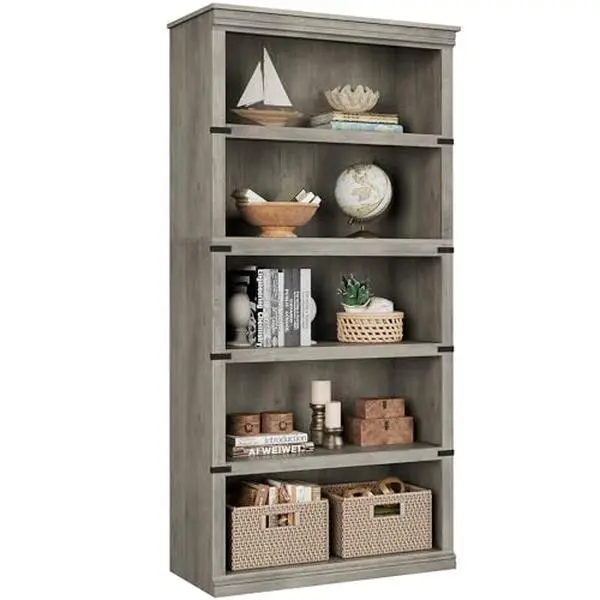 GARVEE Ample storage space & country style – 5-tier wooden bookcase, modern open shelving unit for living room, bedroom, office – wide shelves – color: grey, size: 800×320×1712 mm