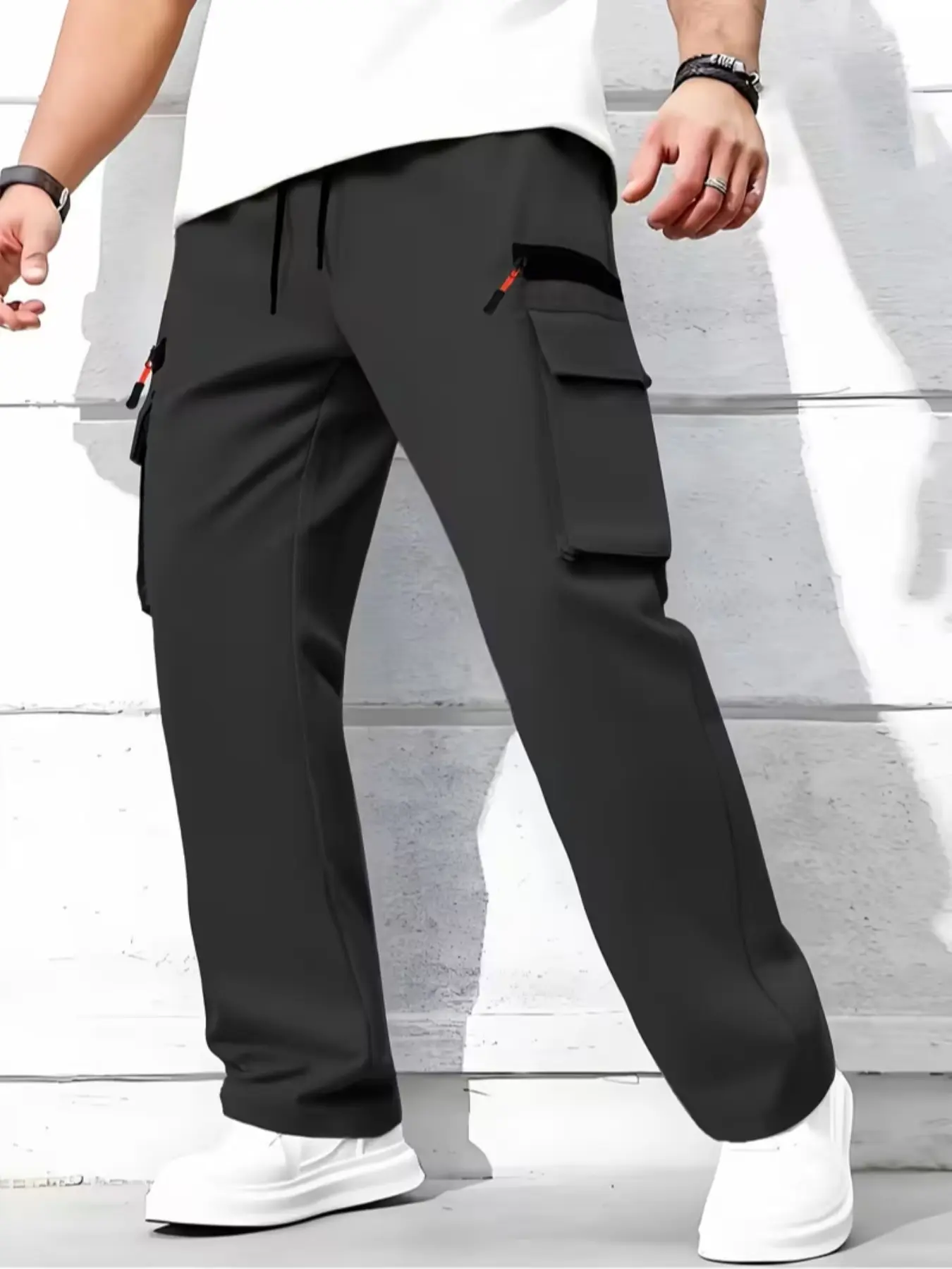 Men's Loose Breathable Work Pants, Mid Waist Drawstring Casual Pants, Multiple Pockets Design, Flip Cover Pockets Outdoor Activity Pants, Casual Solid Drawstring