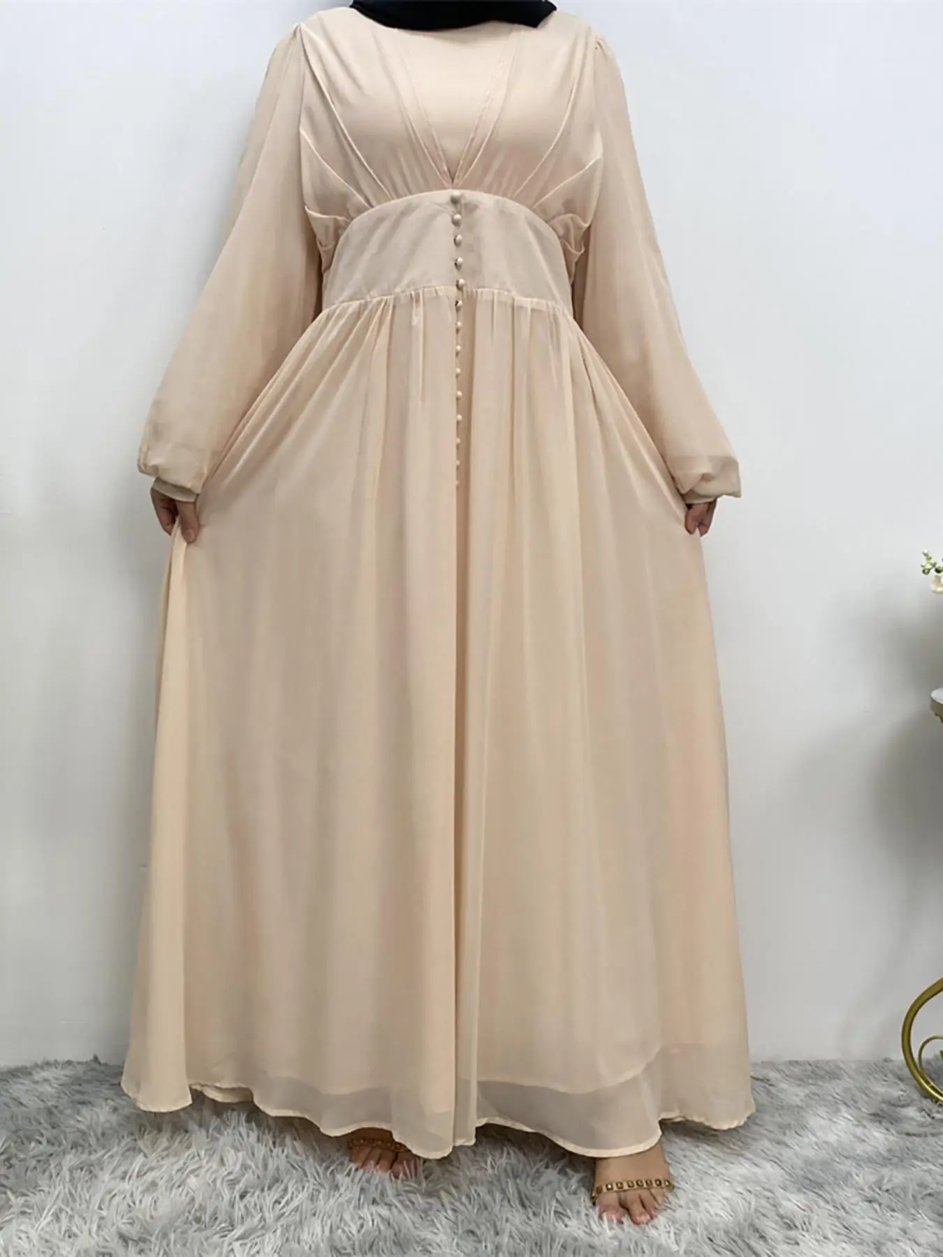 Women's Plain Bishop Sleeve Zipper Back A Line Dress, Elegant Long Sleeve Round Neck Maxi Dress for Spring & Fall, Women's Islamic Clothing for Dail