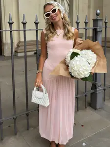 Women's Dress Brown O-Neck Pleated Patchwork Tulle Dress For Women Elegant Lady Sleeveless Maxi Dress 2026 Summer New Women Fashion Pink Party Dresses Minimalist Female Corset Vestidos Womenswear