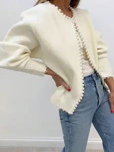Women's Solid Color Pearl Trim Long Sleeve Cardigan, Casual Fashion Pearl Embellished Knit Sweater for Spring & Fall, Fashion Women's Knitwear for Daily Wear, Womenswear
