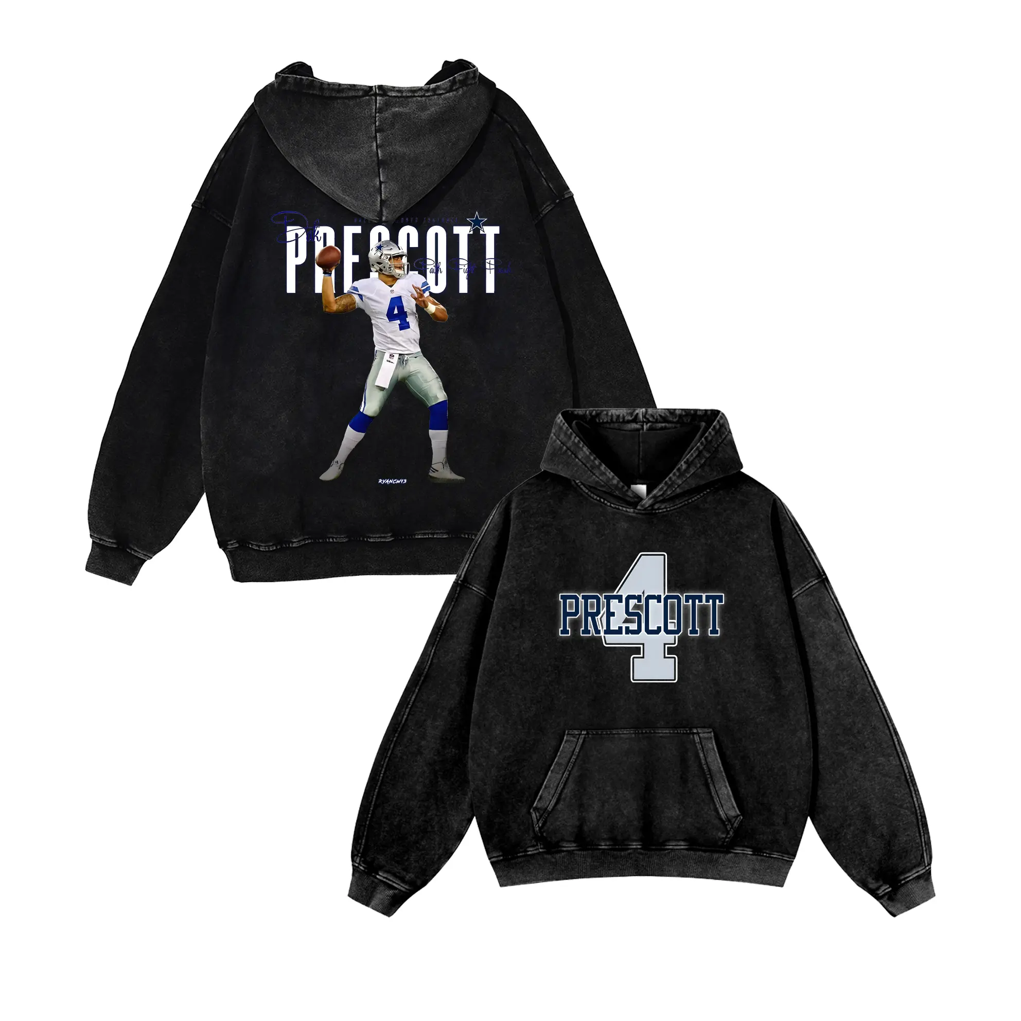Dak Prescott #4 Cowboys Casual Washed Hoodie | Star QB Leader Apparel, America’s Team Fan, Oversized Fade Clutch Passer Vibe