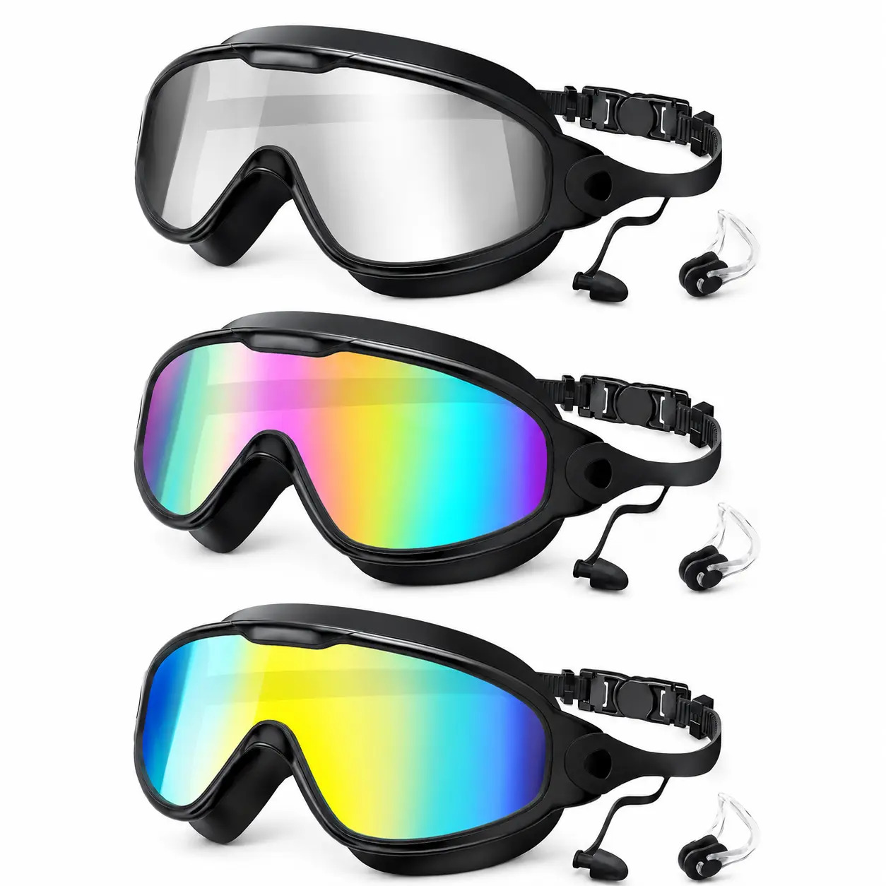 1/2/3-Pack Swim Goggles for Adults, Portable Leakproof Large-Frame Silicone Eyewear for Men, Anti-Fog HD Lens for Outdoor Swimming, Adjustable