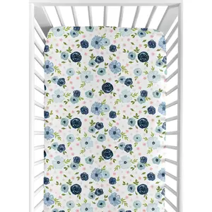 Sweet Jojo Designs Fitted Baby Jersey Crib Sheets (Pink/Blue Boho Floral) for Girls, Infant Nursery, Toddler Room - Standard Size (Navy, Green, Bohemian, Flower, Rose, Farmhouse, Shabby Chic, Nature)
