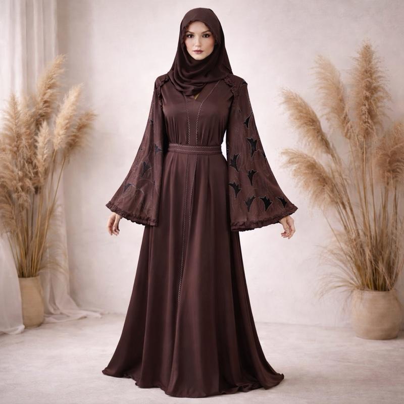 Umbrella Style Dubai Abaya with black Leaf Embellishments