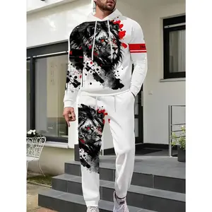 Men's Casual 2-Piece Set, Lion Ink Print Hoodie and Sweatpants, Spring and Autumn Fashion Outfit