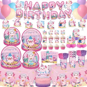 NeoRov 202 Pcs Axolotl Birthday Party Decorations Tableware Set - Service 24 Guests - Includes Banner, Cake Topper, Balloons, Plates And Napkins Paper Cup - Perfect For Kids Girls Birthday Party