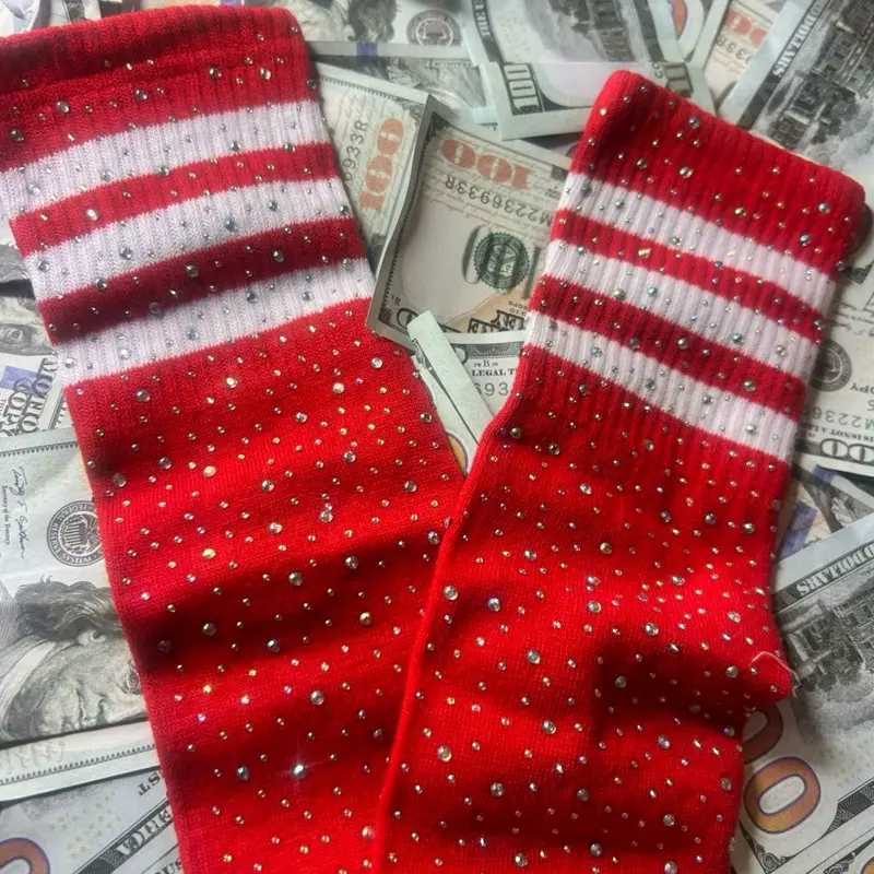Red Rhinestone Crew Socks with White Stripes