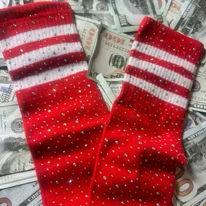 Red Rhinestone Crew Socks with White Stripes