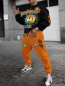 Trendy Sunworld Cartoon Print Hoodie & Pants Set, Long Sleeve Fitted Casual Sportswear, Fall & Winter Outdoor Running Wear, Sweatsuit Set Outfit