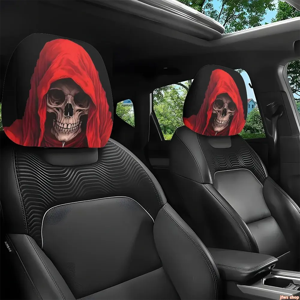 Grim Reaper Printed Car Headrest Covers: 2pcs, Washable, Easy to Install – Suitable for Long Road Trips, Afternoon Naps, And Various Other Scenarios, Perfect Quirky Car Decoration, Stylish Protectors, Interior Decoration