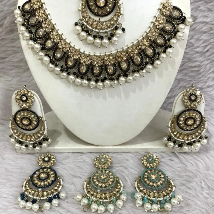 Indian Wedding Jewelry Set - Peace color Kundan Necklace, Earrings & Tikka, Handcrafted by Skilled Artisans in India, Elegant Adults' Jewelry with Intricate Designs and Meticulous Attention to Detail