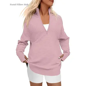 Women Long Sleeve Half Zip Pullover Sweater, Casual loose V Neck Ribbed Knitted Sweater Suitable for Every Season sweatshirt cardigan jacket