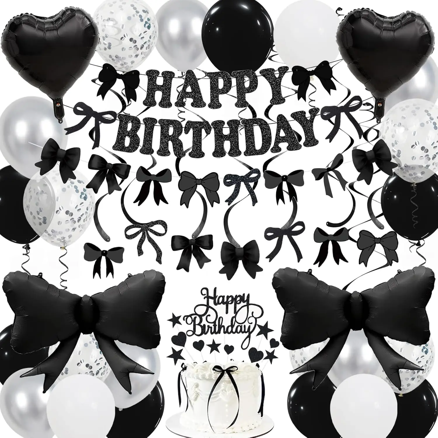 Black Bow Birthday Decorations for Girls Women | Banner, Hanging Swirls, Balloons & Cake Toppers | Bow Theme Party Decor Set