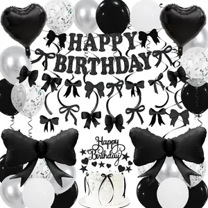 Black Bow Birthday Decorations for Girls Women | Banner, Hanging Swirls, Balloons & Cake Toppers | Bow Theme Party Decor Set