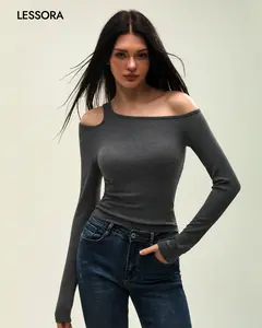 LESSORA Women's Asymmetrical Off Shoulder Top Casual Chic Slim Fit Tee tiktokshopspringglowup
