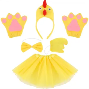 XP-CPA03  6Pcs Chicken Animal Costume Set Chick Headband With Beak Bowtie Tail Gloves Yellow Tutu Skirt Dress Up Cosplay Party Accessories Big Bird Costumes Chicky Outfit