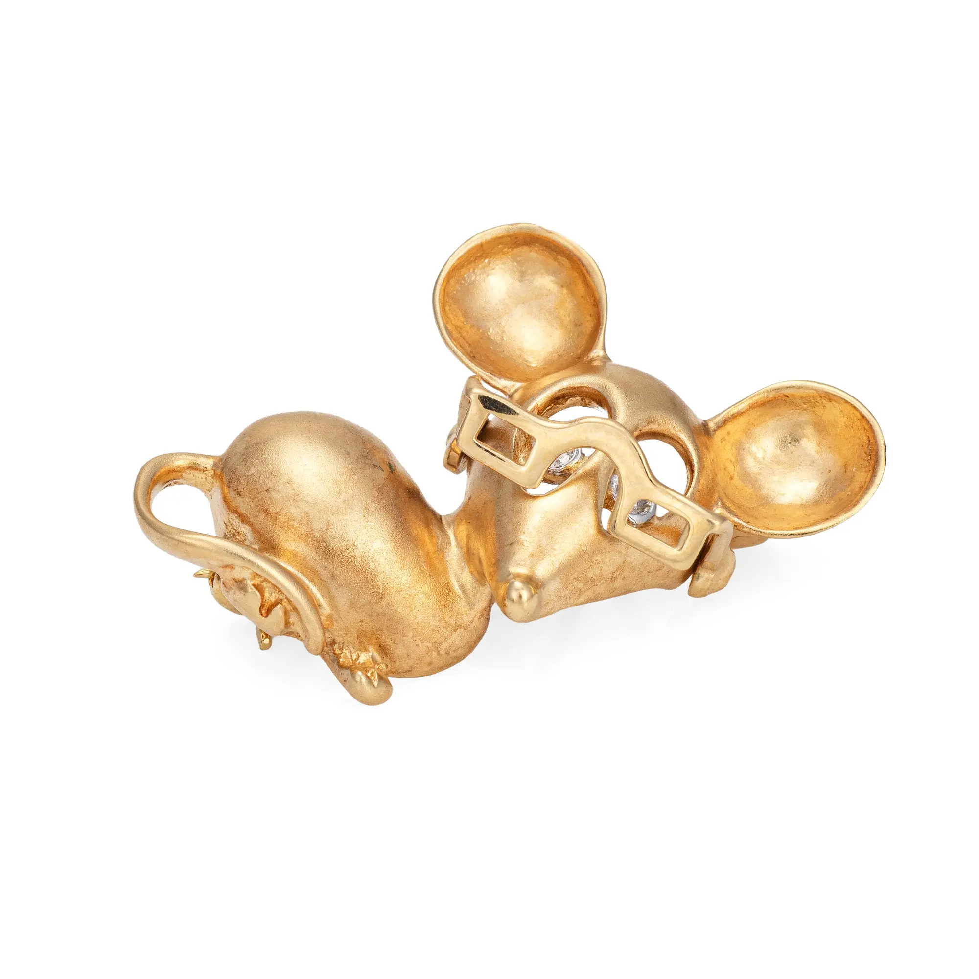 Vintage Mouse Pendant Movable Glasses 14k Yellow Gold Brooch Heirloom Jewelry