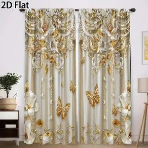 2D Flat 2Pcs Luxurious Golden Floral Butterfly Pattern Curtains, Elegant Window Drapes for Living Room, Bedroom, Office Home Decor, Rod Pocket, Privacy Protection, Darkening, Decorative Panels Translucent tube bag design Home Decoration Curtain