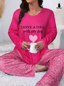 Plus Size Cute Dog Heart Print Fitted Knit Fabric Pajama Set Pjs, Smile Letter Long Sleeve Sleepwear Womenswear, Casual Comfortable Homewear for Fall & Winter, Loungewear
