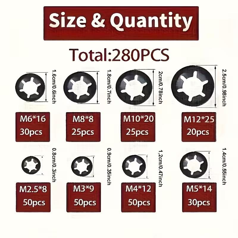 280 Pcs Internal Tooth StarLock Washers Assortment Kit 8 Sizes Quick Fastening Set 65Mn Steel Black Oxide Star Lock Washers for Hardware Repair  Mechanical Fixing