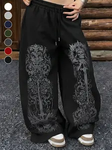 Gothic Dark Style Straight Leg Sweatpants with Skull and Sword Print, Casual Unisex Fashion for All Seasons, Vibrant Colors for Everyday Wear