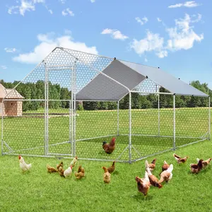Large Metal Chicken Coop with Run, 20x10x6.4 ft Walk-in Chicken Runs for Yard with Cover,Spire Roof Hen House with Security Lock for Outdoor,Fram