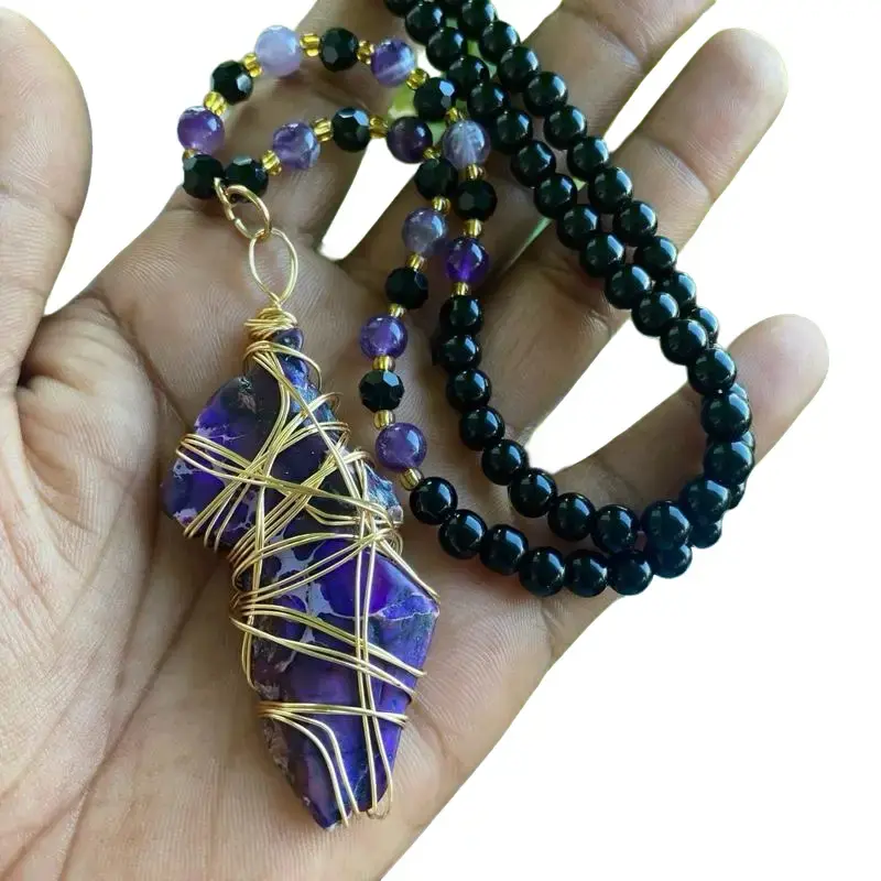 Amethyst Power Wire Wrapped Pendant Handmade Black Gemstone & Amethyst Necklace for Protection Healing 20 Inch Beaded Black Beads with Purple Amethyst Accents Gold Wire Clasp Spiritual Jewelry Gift