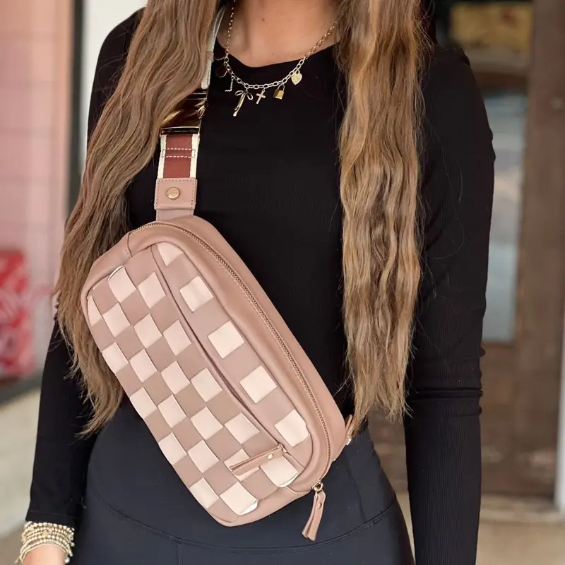 Tan Checkered Belt Bag - Faux Leather Belt Bag - Women’s Purse - Women’s Belt Bag - Checkered Bag - Women’s Gift