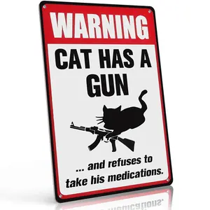 Warning Cat Has A Gun And Refuses To Take His Medications 8x12 Inch Aluminum Metal Sign - Funny Cat Wall Decor for Bedroom, Man Cave, Pet Room - Retro Tin Sign Gift for Cat Lovers & Gun Fans