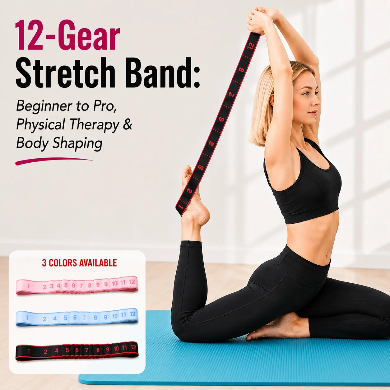 Adjustable 12-Slot Stretch Strap, Multi-Loop Stretching Band for Yoga, Pilates, Dance & Home Workout, Full Body Flexibility Training Strap, Lightweight Portable Fitness Accessory