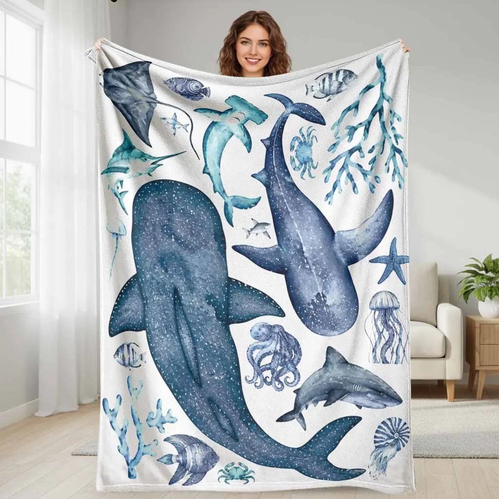 Watercolor Marine Life Flannel Throw, Deep Blue Ocean Animal Prints, Ultra Soft Lightweight Breathable Plush, Animal Artwork Blanket, Beach-Themed Blanket, Ideal for Living Room Couch & Bedding Decor, Birthday Gift, Animal Artwork Blankets, Beach-Themed B