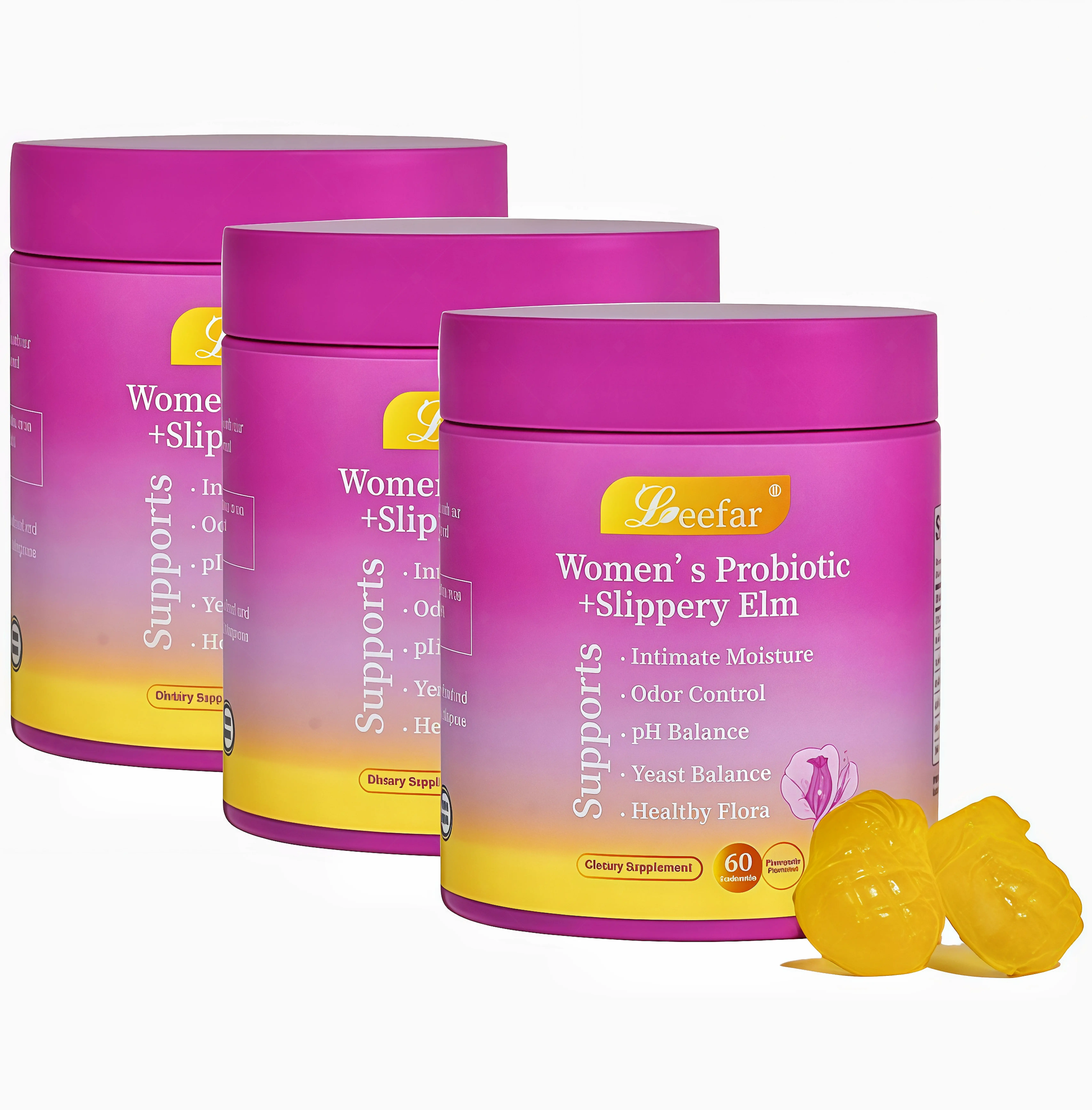 3 Pcs LEEFAR Her Probiotics Gummies BC - All in One Solution with Slippery Elm and Prebiotics & Lactobacillus Probiotic Blend for Women's pH Balance and Dryness Hawaiian Pineapple Gummies Dietary Supplement