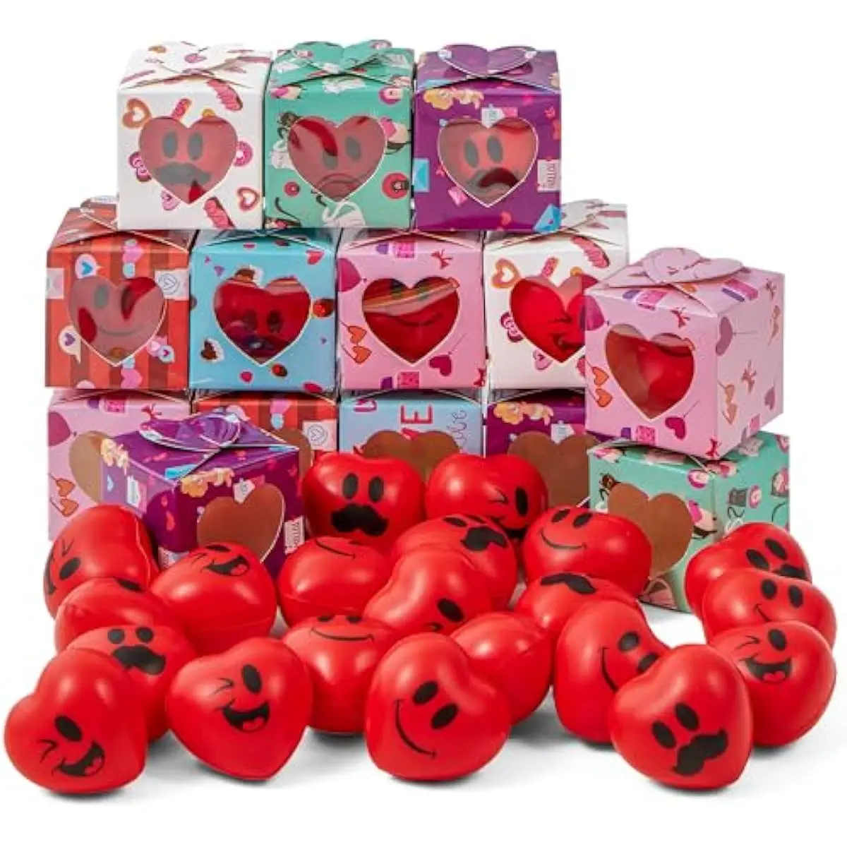 28 Packs Valentine Heart Stress Balls Smile Face Squishy Toys with Valentine Themed Gift Box, Face Foam Stress Relief Balls for Valentine Party Favors, Classroom Exchange, Game Reward