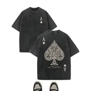 Retro Washed T-Shirt Double Sided Printed (230 Pure Cotton T-Shirt) 'LUCK AND STRENGTH'  Letter And Ace Of Spades Pattern Print, Men's T-Shirt, Men's Casual, Comfortable, Fashionable T-Shirt, Street Style Cotton