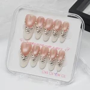 A40-A50 Perilla Handmade Cat Eye Stars Press On Nails Elegant Rhinestone French Tips