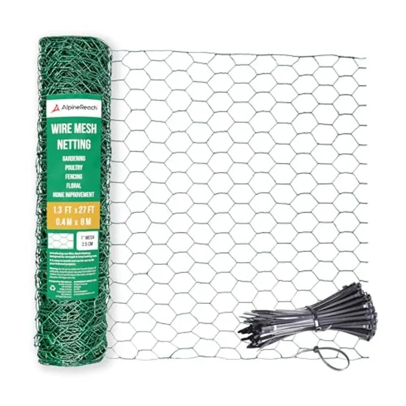 【2D Flat】 [2D Flat] Chicken Wire 1. 3Ft X 27Ft Fencing for Poultry Crafts Floral Arrangements Zip Ties - Green Mesh Roll Galvanized Hexagonal PVC Coated Garden Netting for Gardening Fence 15. 6" X 324"