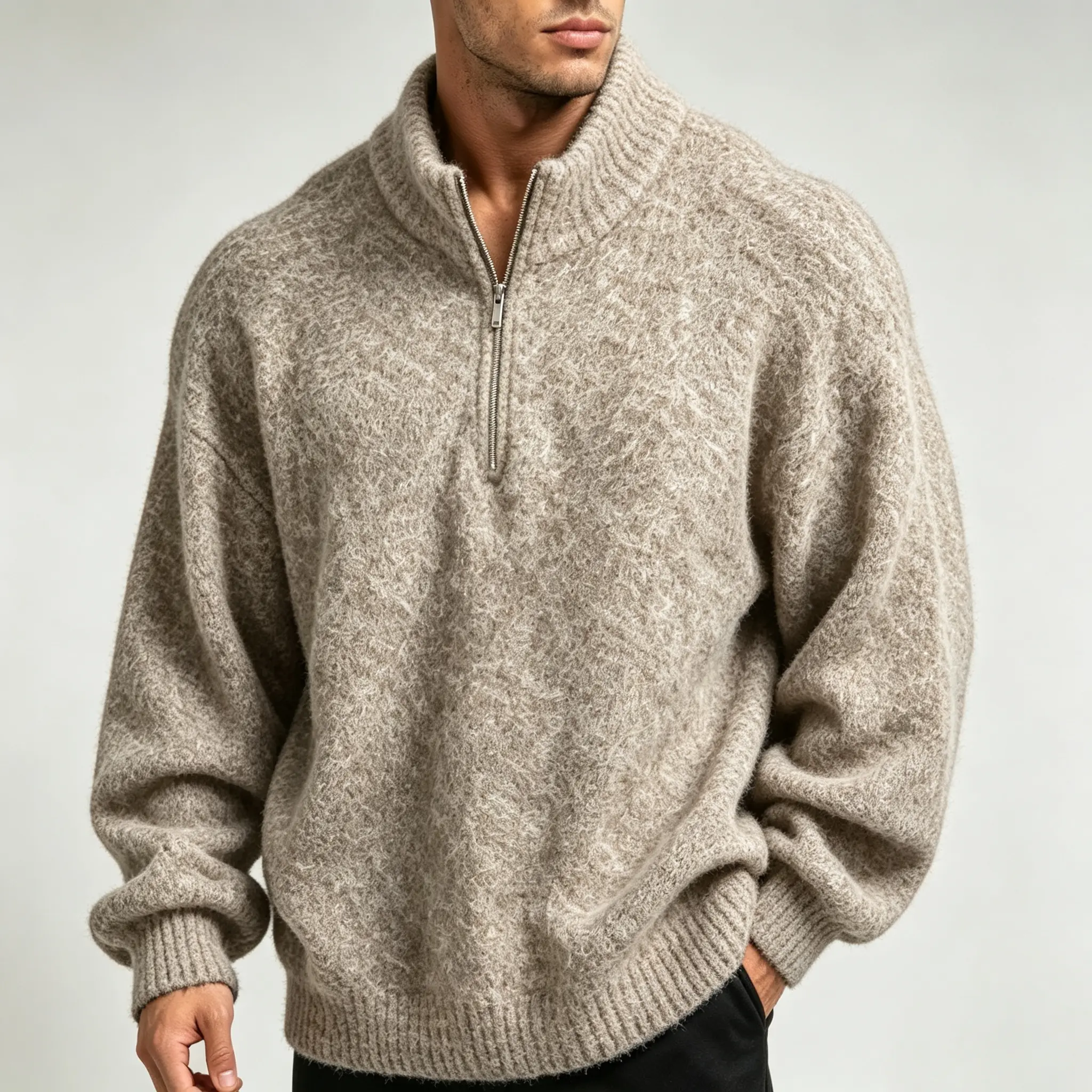 Spring/Autumn Men’s relaxed wool blend sweater with half zip and stand collar, heavyweight yet soft and fluffy, loose drop-shoulder long sleeves, pullover knit top