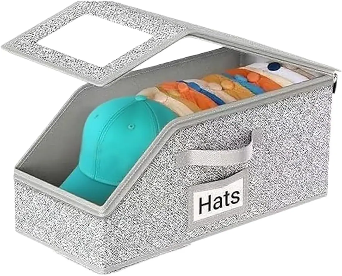 Stackable Baseball Cap Storage Box - Durable Foldable Cardboard Organizer, Holds Up to 24 Hats, Classic Trapezoid Space Saver with Metal Window, Home Essentials Hat & Toy Storage Solution, Dustproof, Hat Organizer