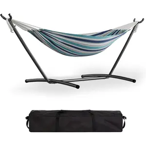 Single Hammock with Stand, Brazilian Style Cotton Fabric Portable Lounger, 450 lbs Capacity Heavy Duty, Easy Assembly Indoor Outdoor Use for Backyard, Balcony, Camping,Ocean Color