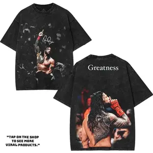 Roman Reigns - WWE4U Edition Double Printed Oversize Lightweight Acid Washed Tee Vintage WWE Fans TV Series Graphic Design Top Cotton Wrestling Streetwear T-Shirt Clothes Menswear Womenswear. QZP