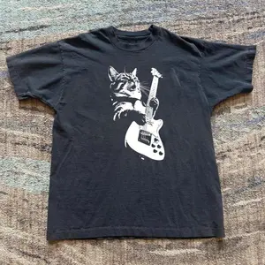 Black Cat Playing Guitar Graphic Tee, Unisex Vintage Graphic Tees Gothic Grunge Y2K Emo Scene Amity Affliction Style Clothes Men Women Streetwear 