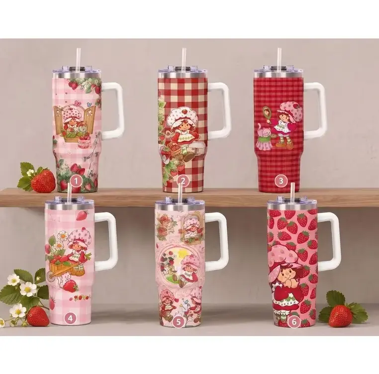 [Vintage Cartoon Collection] Strawberry Shortcake 40oz/20oz Tumbler with Handle & Straw, Stainless Steel Double Wall Vacuum Insulated Travel Mug, Cute Pink Gingham Edition, Keeps Drinks Hot & Cold, Fits Car Cup Holder, Gift for Strawberry Shortcake Fans
